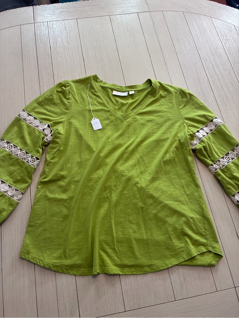 Belle by Kim Gravel Lime Green V-Neck Long Sleeve Top with Lace Inset